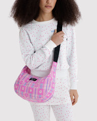 Medium Nylon Crescent Bag Market Plaid Pink