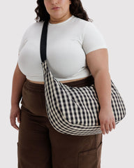 Large Nylon Crescent Bag Black And Cream Gingham